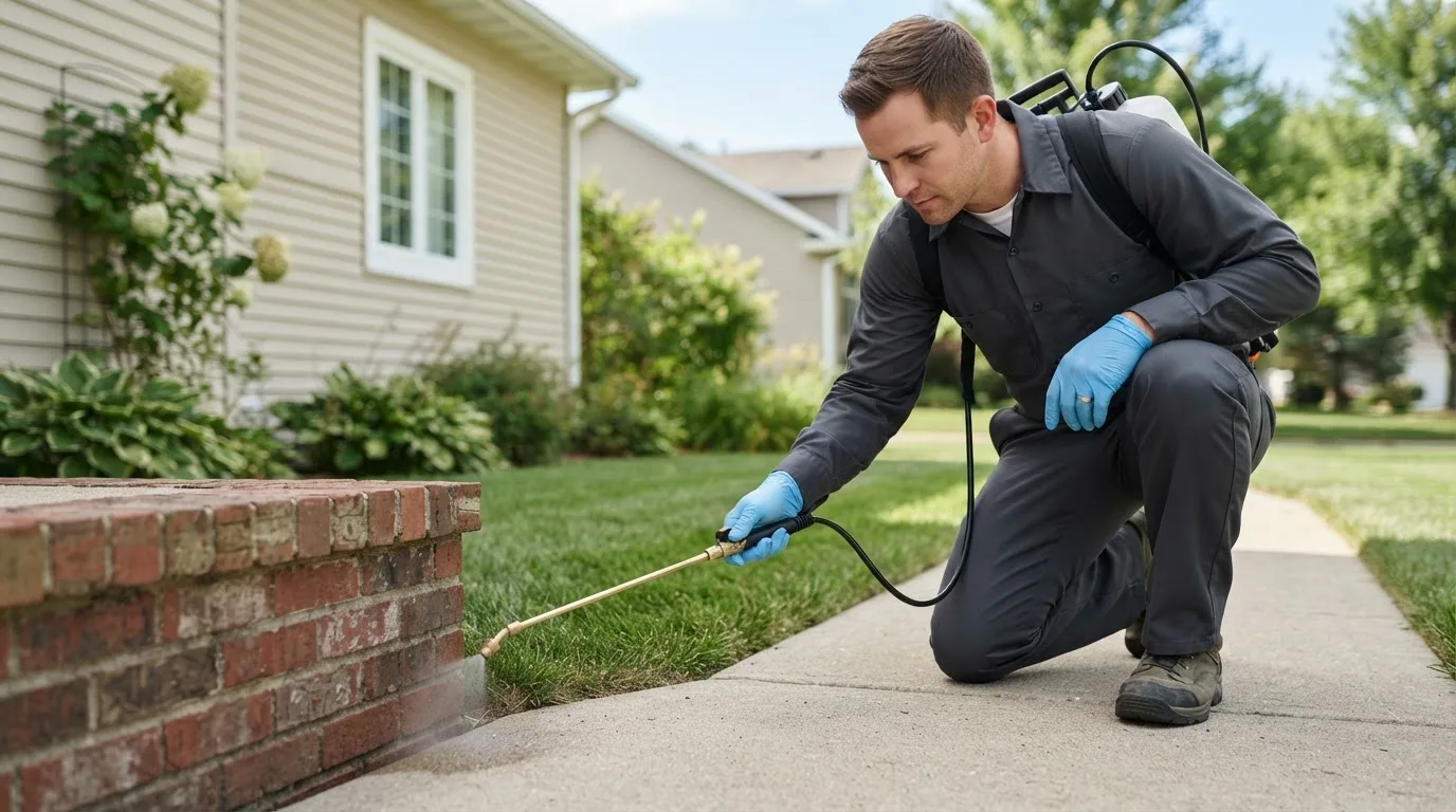 Pest control technician treating a home near Sedan, KS